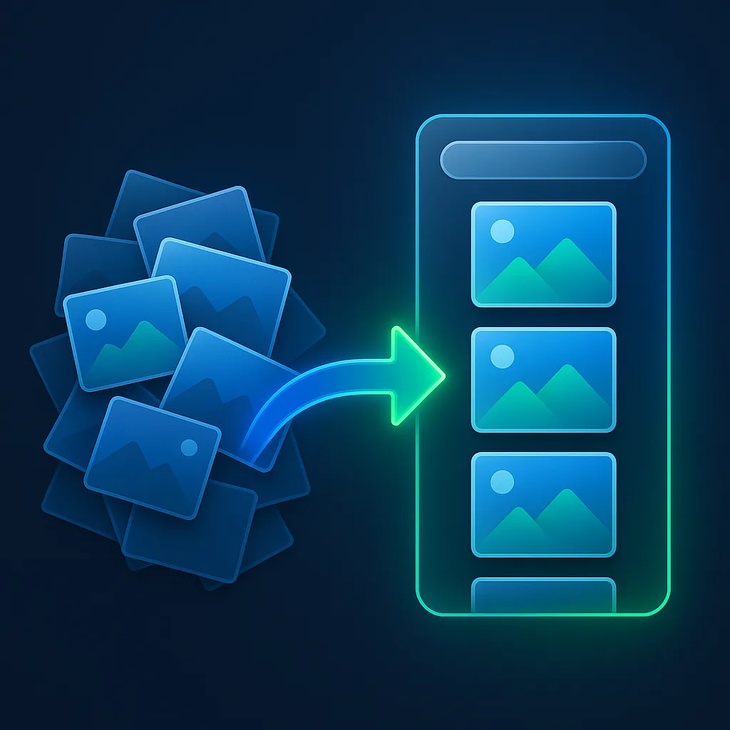 어지럽게 흩어진 스크린샷 더미가 화살표를 따라 정돈된 검색 패널로 정리되는 일러스트
